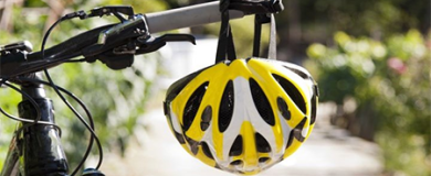 Cycle helmet on bike handlebars promoted active travel and transport in Oxfordshire