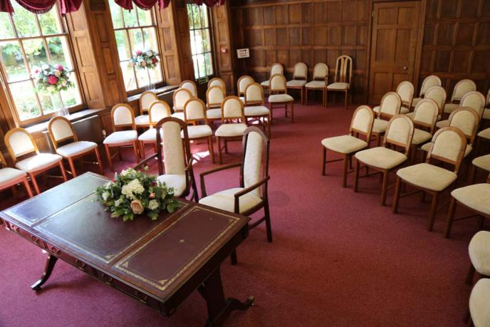 Wide perspective of Banbury Ceremony Room looking out from the table
