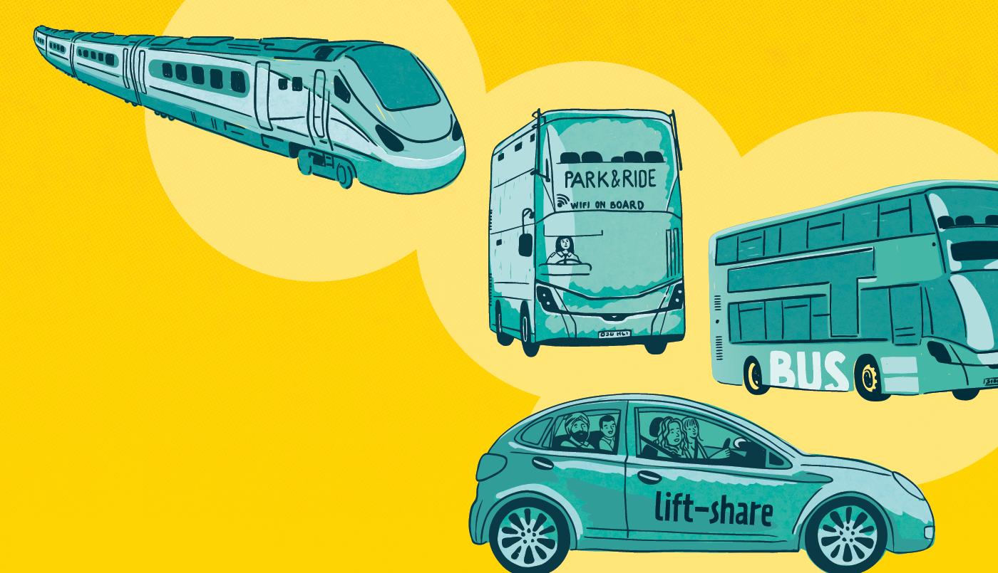 Travel Choices graphic showing a drawing of a train, bus, car lift-share and park and ride